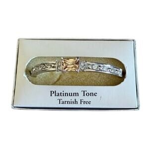 Danecraft Boxed Bangle Bracelet Platinum Tone Clear Stones Champagne Center